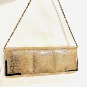 Kate Landry-Formal Gold Chain Purse-Snakeskin Print-Gold/Tan-Fancy-Snap-Shine